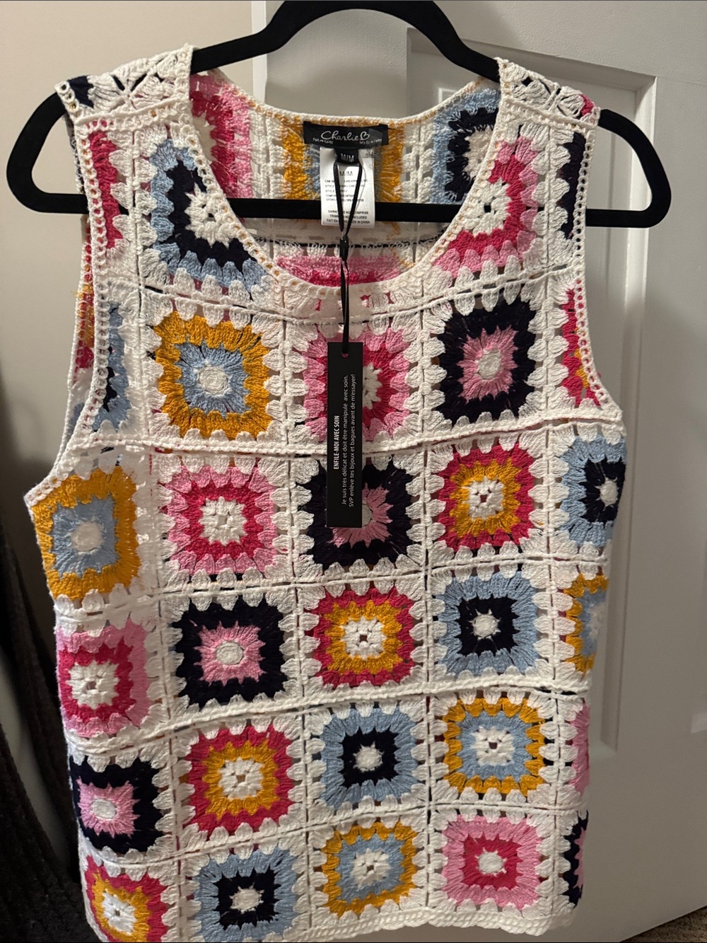 CHARLIE B NWT White Crochet Tank with Pink, Yellow, Navy & Light Blue Squares